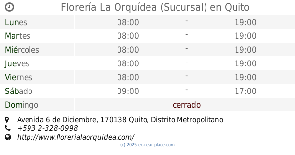 ? Florería La Orquídea (Sucursal) Quito horarios, Avenida 6 de Diciembre,  tel. +593 2-328-0998